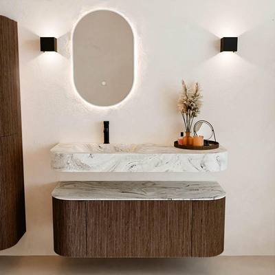 MONDIAZ THOR-DLUX 120cm meuble de salle de bains arrondi gauche + droite couleur Walnut avec 1 tiroir et 2 portes. Vasque suspendue CLOUD gauche 1 trou de robinet couleur Glace.