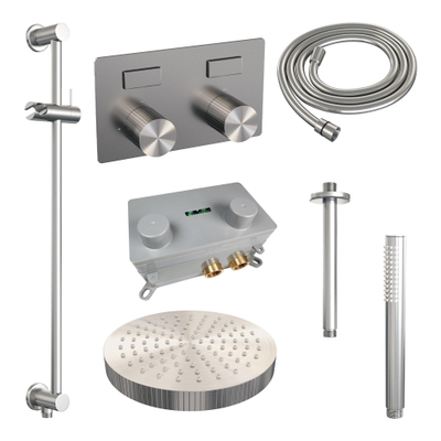 BRAUER Stripe Thermostatische Inbouw Regendouche - drukknoppen - 25cm douchekop - plafondarm - staaf handdouche - doucheslang - geïntegreerde glijstang - RVS-kleurig geborsteld PVD