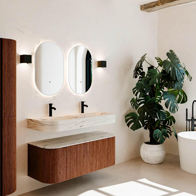 MONDIAZ THOR-DLUX 120cm meuble de salle de bains arrondi gauche + droite couleur Ruby avec 1 tiroir et 2 portes. Vasque suspendue CLOUD Double 2 trous de robinet couleur Nata.