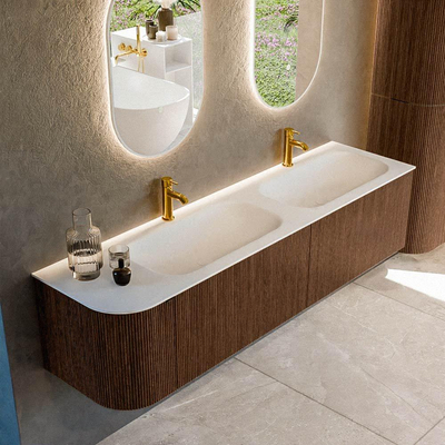 MONDIAZ KURVE 175cm meuble de salle de bains avec module 25 L couleur Walnut avec 2 tiroirs et 1 porte. Lavabo BIG SMALL double / droite 2 trous de robinet Talc.