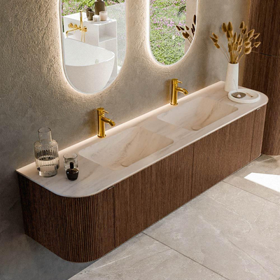 MONDIAZ KURVE-DLUX Meuble de salle de bains 180cm arrondi Gauche + Droite couleur Walnut avec 2 tiroirs et 2 portes. Lavabo LEAF Double 2 trous de robinet Meli.