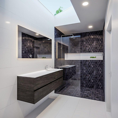MONDIAZ VICA Ensemble de meuble salle de bain - 150cm - 4 tiroirs - lavabo Moon à droite - 1 trou de robinet - solid surface marron foncé