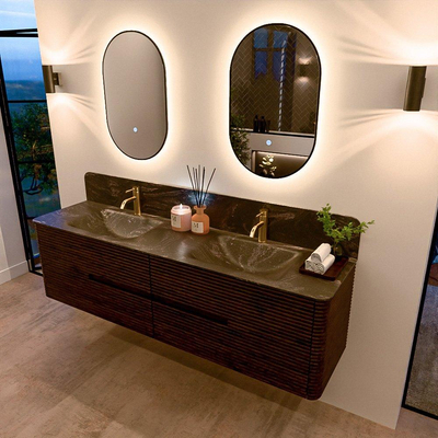 Mondiaz CIRO-DLUX Badkamermeubelset - 180x45x50cm - Solid surface wastafel Lava - 2 wasbak Dubbel - 2 kraangaten - 4 lades - Walnut