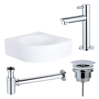 QeramiQ Fuente Pack Lave-mains d'angle - 30x30x10cm - 1 trou de robinet - céramique - robinet Chrome - Blanc brillant