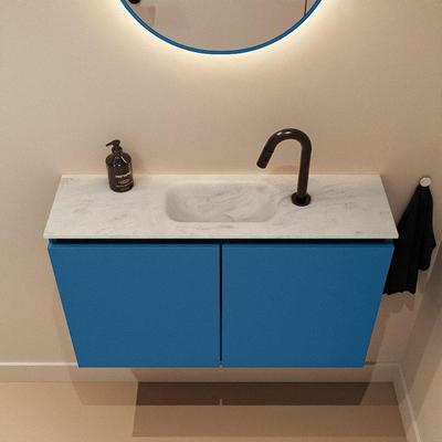 MONDIAZ TURE-DLUX Meuble toilette - 80cm - Jeans - EDEN - vasque Opalo - position centrale - 1 trou de robinet