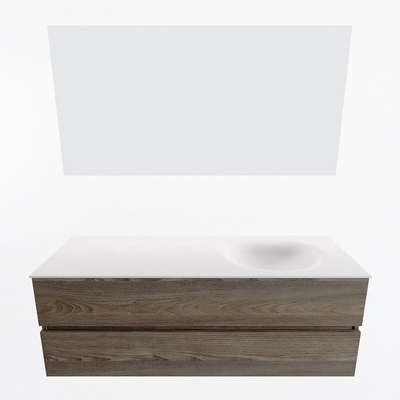 Mondiaz VICA ensemble de meuble de salle de bain - 140cm - meuble sous-vasque marron foncé gris - 2 tiroirs - lavabo moon droite - 1 trou de robinet - couleur talc - miroir LED - version XL 60cm de haut