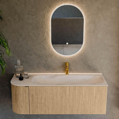 MONDIAZ KURVE-DLUX Meuble de salle de bains 125cm arrondi à gauche couleur Oak avec 1 tiroir et 1 porte. Lavabo BIG MEDIUM à droite 1 trou de robinet Meli.