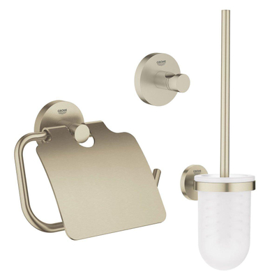 Grohe Essentials Set WC en 3 parties avec porte-brosse WC, crochet, et porte-rouleau avec couvercle Nickel brossé