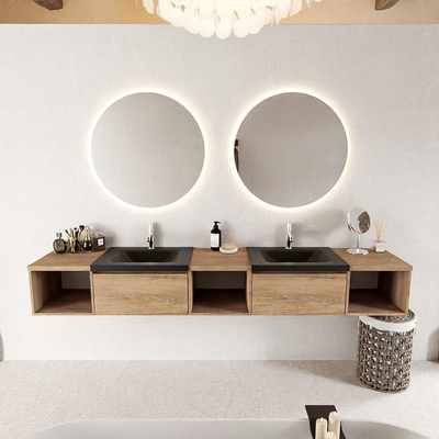 MONDIAZ BUKLA 240cm ensemble de meuble avec module ouvert 40 L+M+R couleur Chêne blanchi avec 2 tiroirs. Lavabo CLOUD double 2 trous de robinet couleur Urbaine.