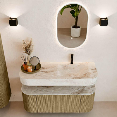 MONDIAZ THOR-DLUX 120cm meuble de salle de bains arrondi gauche + droite couleur Dusk avec 1 tiroir et 2 portes. Vasque suspendue CLOUD Droite 1 trou de robinet couleur Frappe.