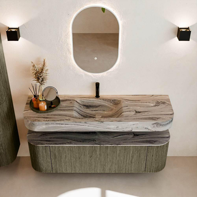 MONDIAZ THOR-DLUX 150cm meuble de salle de bains arrondi gauche + droite couleur Shadow avec 1 tiroir et 2 portes. Vasque suspendue CLOUD Milieu 1 trou de robinet couleur Sombra.