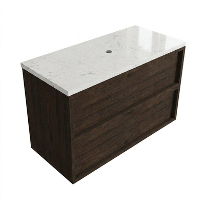 Saniclass Holz Frame Ensemble meuble de salle de bains - 100x45x63cm - Plan vasque en marbre Dia poli (blanc) - sans trou de robinet - 2 tiroirs - chêne charcoal mat (bois)