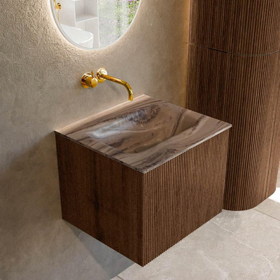 MONDIAZ KURVE-DLUX 50cm badmeubel kleur Walnut met 1 lade en 0 deuren. Wastafel GRUNNE Midden zonder kraangat Sombra.