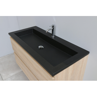 Basic Bella Meuble salle de bains 100x55x46cm avec lavabo acrylique Noir 1 trou pour robinet avec miroir Chêne