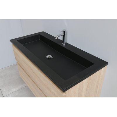 Basic Bella Meuble salle de bains avec lavabo acrylique Noir avec armoire toilette 2 portes gris 100x55x46cm 1 trou de robinet Chêne