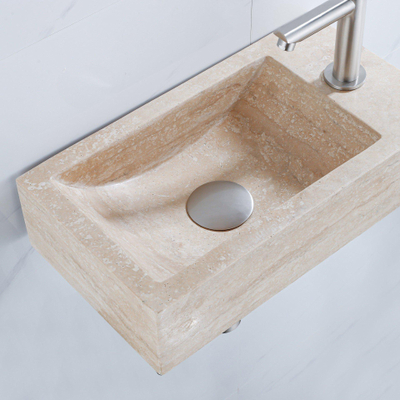 FugaFlow Efficiente Ensemble Fontaine Pierre - 40x22x10 cm - trou du robinet à droite - robinet de fontaine en acier inoxydable brossé PVD - bouchon de vidange - siphon abaissé - pierre naturelle mouchetée