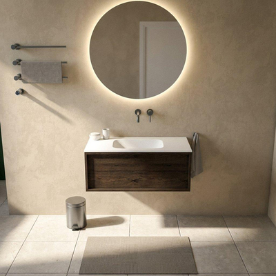 Saniclass Holz Frame Ensemble meuble de salle de bains - 100x45x41.5cm - Vasque Flow en solid surface blanc - 1 vasque - sans trou de robinet - 1 tiroir - chêne charcoal mat (bois)