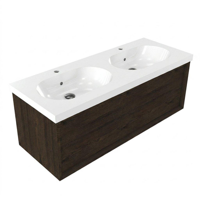 Saniclass Holz Frame Ensemble de meubles de salle de bains - 120x45x43.5cm - Lavabo en céramique Palermo blanc - 2 vasques - 2 trous de robinet - 1 tiroir - chêne charcoal mat (bois)