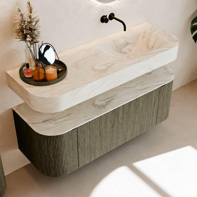 MONDIAZ THOR-DLUX 130cm badmeubel ronding links + rechts kleur Shadow met 1 lade en 2 deuren. Vrijhangende wastafel CLOUD Rechts zonder kraangat kleur Ostra.