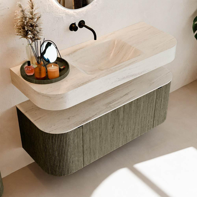 MONDIAZ THOR-DLUX 120cm meuble de salle de bains arrondi gauche + droite couleur Shadow avec 1 tiroir et 2 portes. Vasque suspendue CLOUD Milieu sans trou de robinet couleur Meli.