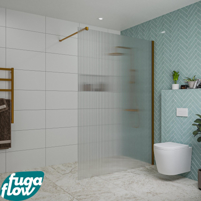 FugaFlow Eccelente Vetro inloopdouche badkamer - 140x200cm - ribbelglas - wandarm - geborsteld koper