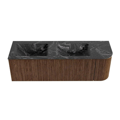 MONDIAZ KURVE-DLUX 145cm Meuble salle de bain avec module 25 D - couleur Walnut - 1 tiroir - 1 porte - vasque LEAF double / gauche - sans trou de robinet - couleur Lava