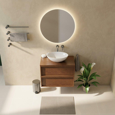 Saniclass Holz Frame Ensemble meuble de salle de bains - 80x45x62cm - plan de toilette en bois - sans trou de robinetterie - 2 tiroirs - walnut pure mat (bois)