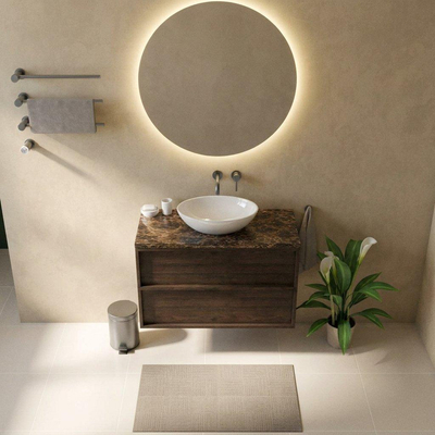 Saniclass Holz Frame Ensemble meuble de salle de bains - 100x45x63cm - Plan de travail en pierre naturelle Noche dark emperador - sans trou de robinetterie - 2 tiroirs - chêne charcoal mat (bois)