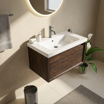 Saniclass Holz Frame Ensemble de meubles de salle de bains - 80x45x43.5cm - Lavabo en céramique Palermo blanc - 1 vasque - 1 trou de robinet - 1 tiroir - chêne charcoal mat (bois)