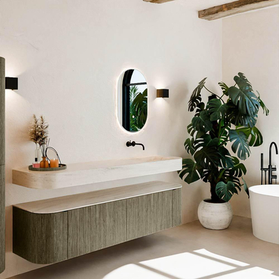 MONDIAZ THOR-DLUX 180cm meuble de salle de bains arrondi gauche + droite couleur Shadow avec 2 tiroirs et 2 portes. Vasque suspendue CLOUD droite sans trou de robinet couleur Meli.