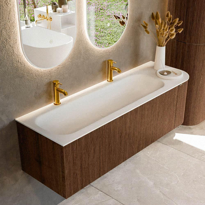 MONDIAZ KURVE 145cm badmeubel met module 25 R kleur Walnut met 1 lade en 1 deur. Wastafel BIG LARGE links 2 kraangaten Talc.