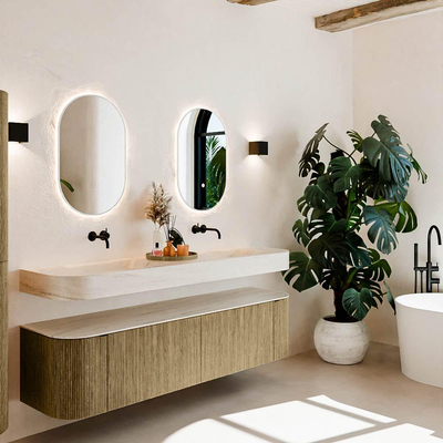 MONDIAZ THOR-DLUX Meuble de salle de bains 180cm arrondi gauche + droite couleur Dusk avec 2 tiroirs et 2 portes. Vasque suspendue CLOUD Double sans trou de robinet couleur Meli.