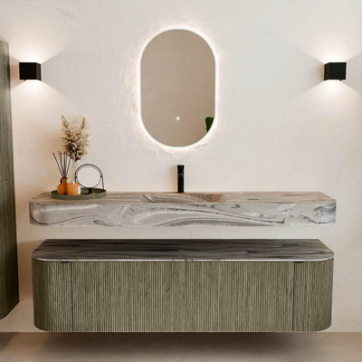 MONDIAZ THOR-DLUX Meuble de salle de bains 170cm arrondi gauche + droite couleur Shadow avec 1 tiroir et 2 portes. Vasque suspendue CLOUD Milieu 1 trou de robinet couleur Sombra.