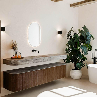 MONDIAZ THOR-DLUX 200cm meuble de salle de bains arrondi gauche + droite couleur Walnut avec 2 tiroirs et 2 portes. Vasque suspendue CLOUD Milieu sans trou de robinet couleur Oza.