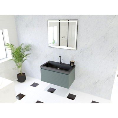 HR Matrix ensemble de meubles de salle de bain 3d 80cm 1 tiroir sans poignée avec bandeau de poignée couleur pétrole mat avec lavabo djazz 1 trou pour robinet noir mat