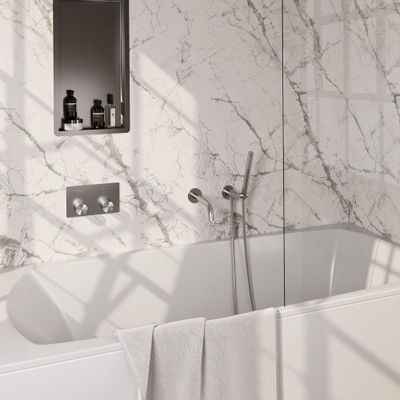 BRAUER Stripe Mitigeur thermostatique de baignoire - boutons-poussoirs - SET 03 - encastré - bec - douchette à main barre - flexible de douche - coude mural - couleur inox brossé PVD