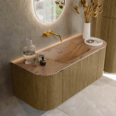 MONDIAZ KURVE-DLUX 110cm badmeubel ronding Links + Rechts kleur Dusk met 1 lade en 2 deuren. Wastafel CLOUD Midden zonder kraangat Arena.