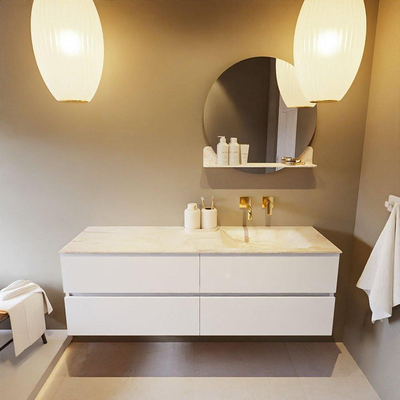 Mondiaz VICA-DLUX Ensemble de meuble de salle de bain - 150cm - meuble sous-vasque talc - 4 tiroirs - lavabo encastrée cloud droite - sans trous de robinet - version haute de 60cm - ostra