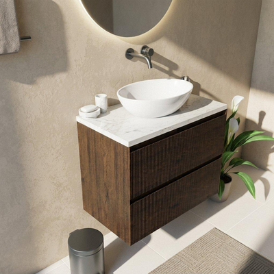 Saniclass Holz Atelier Ensemble meuble de salle de bains - 80x45x63cm - Plan vasque en marbre Dia poli (blanc) - sans trou de robinet - 2 tiroirs - chêne charcoal mat (bois)