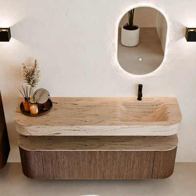 MONDIAZ THOR-DLUX 160cm badmeubel ronding links + rechts kleur Walnut met 1 lade en 2 deuren. Vrijhangende wastafel CLOUD Rechts 1 kraangat kleur Arena.