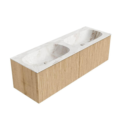 MONDIAZ KURVE-DLUX 140cm badmeubel kleur Oak met 2 lades. Wastafel STOR SMALL dubbel 2 kraangaten kleur Frappe.