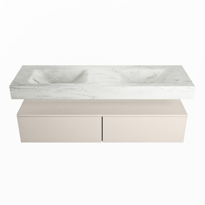 Mondiaz ALAN-DLUX Ensemble de meuble - 150cm - meuble Linen mat - 2 tiroirs - Lavabo Cloud Opalo suspendu - vasque Gauche et droite - 2 trous de robinet