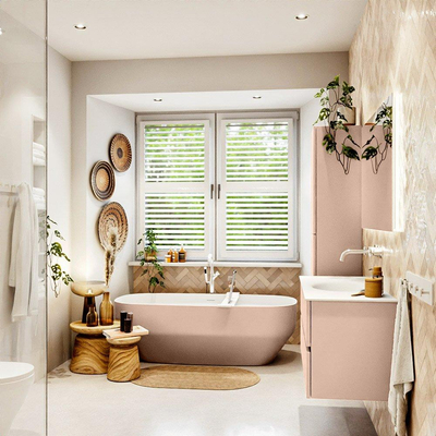 Mondiaz VICA ensemble de meuble de salle de bain - 110cm - meuble sous-vasque rosee - 2 tiroirs - lavabo moon milieu - sans trous de robinet - version haute de 60cm - talc