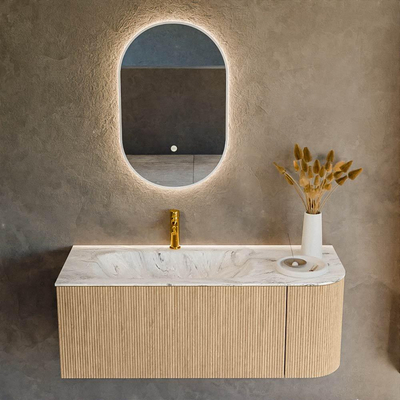 MONDIAZ KURVE-DLUX 115cm Meuble salle de bain avec module 25 D - couleur Oak - 1 tiroir - 1 porte - vasque BIG SMALL gauche - 1 trou de robinet - couleur Glace