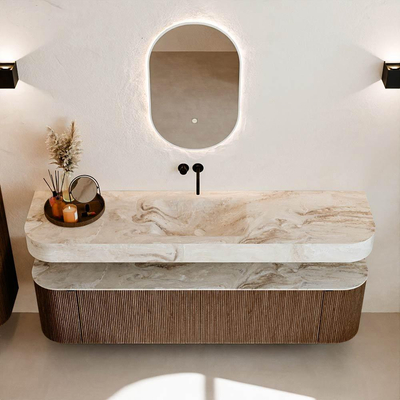 MONDIAZ THOR-DLUX 180cm meuble de salle de bains arrondi gauche + droite couleur Walnut avec 2 tiroirs et 2 portes. Vasque suspendue CLOUD Milieu sans trou de robinet couleur Frappe.