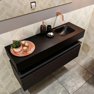 MONDIAZ ANDOR Toiletmeubel - 100x30x30cm - 0 kraangaten - 1 lades - urban mat - wasbak rechts - Solid surface - Zwart