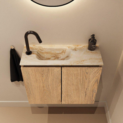 MONDIAZ TURE-DLUX Meuble de toilettes 60cm Washed Oak. EDEN lavabo Frappe position gauche. Avec 1 trou de robinet.