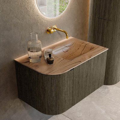 MONDIAZ KURVE-DLUX meuble de salle de bains 75 cm arrondi à gauche couleur Shadow avec 1 tiroir et 1 porte. Lavabo GRUNNE à droite sans trou de robinet Arena.