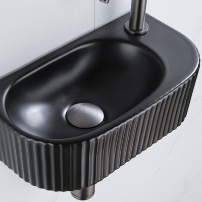 QeramiQ Fuente pack lave-mains – demi-rond – 40 x 21,5 x 12 cm – perçage à droite – robinet gunmetal – cannelé