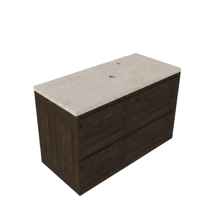 Saniclass Holz Pure Ensemble de meubles de salle de bains - 100x45x63cm - Plan de travail en pierre naturelle travertin - 1 trou de robinetterie - 2 tiroirs - chêne charcoal mat (bois)